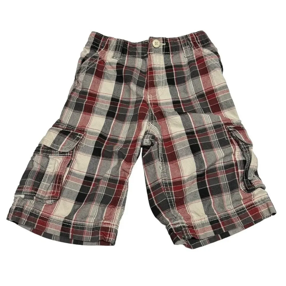 Arizona Boys‎ Shorts Sz 7X Brick Red Gray White Plaid Adjustable Waist Cargo